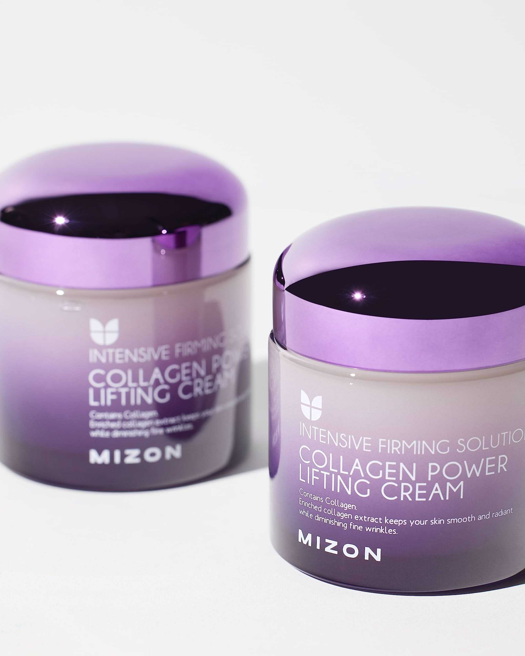 MIZON Collagen Power Lifting Cream in a translucent lavender jar with a glossy purple lid and white lettering