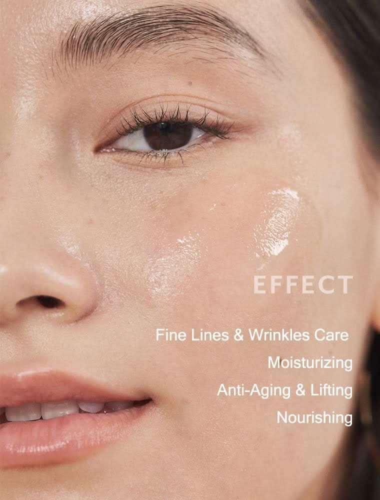 MIZON Collagen Power Lifting Cream skincare promotion showing a woman's moisturized face with fine lines and wrinkle care claims
