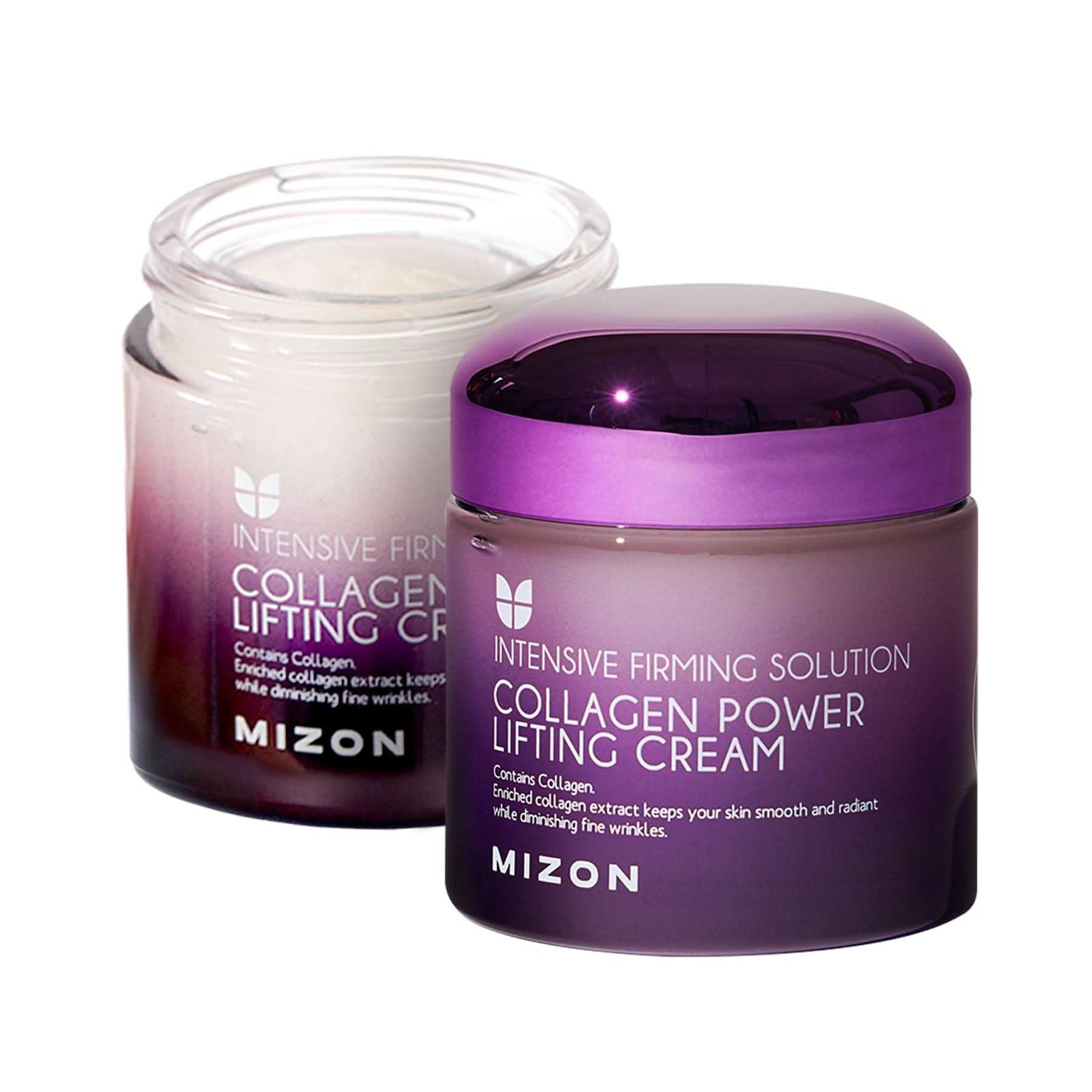 MIZON Collagen Power Lifting Cream in a purple jar with a shiny violet lid, shown beside its open glass container