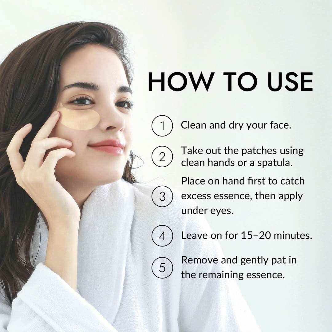 mizon eye patch in beige hydrogel applied under the eye of a woman demonstrating usage steps with skincare instructions