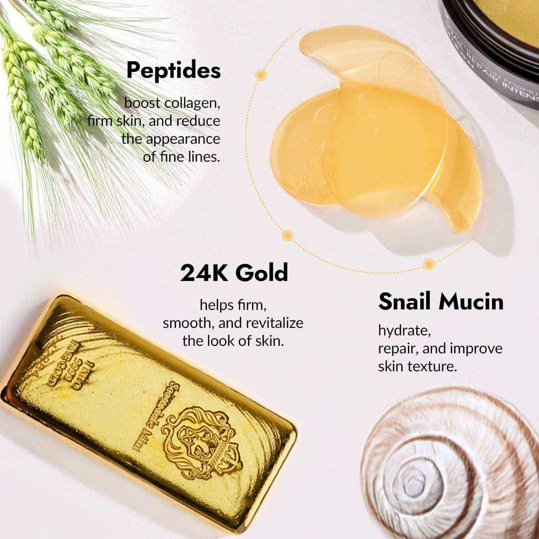mizon eye patch hydrogel patches in translucent gold color highlighting peptides, 24K gold, and snail mucin benefits for skin hydration and repair