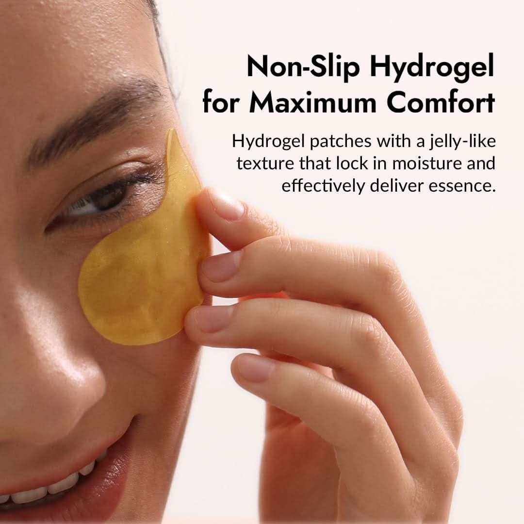 mizon eye patch gold hydrogel under eye patch being applied to skin, smooth translucent texture for hydration