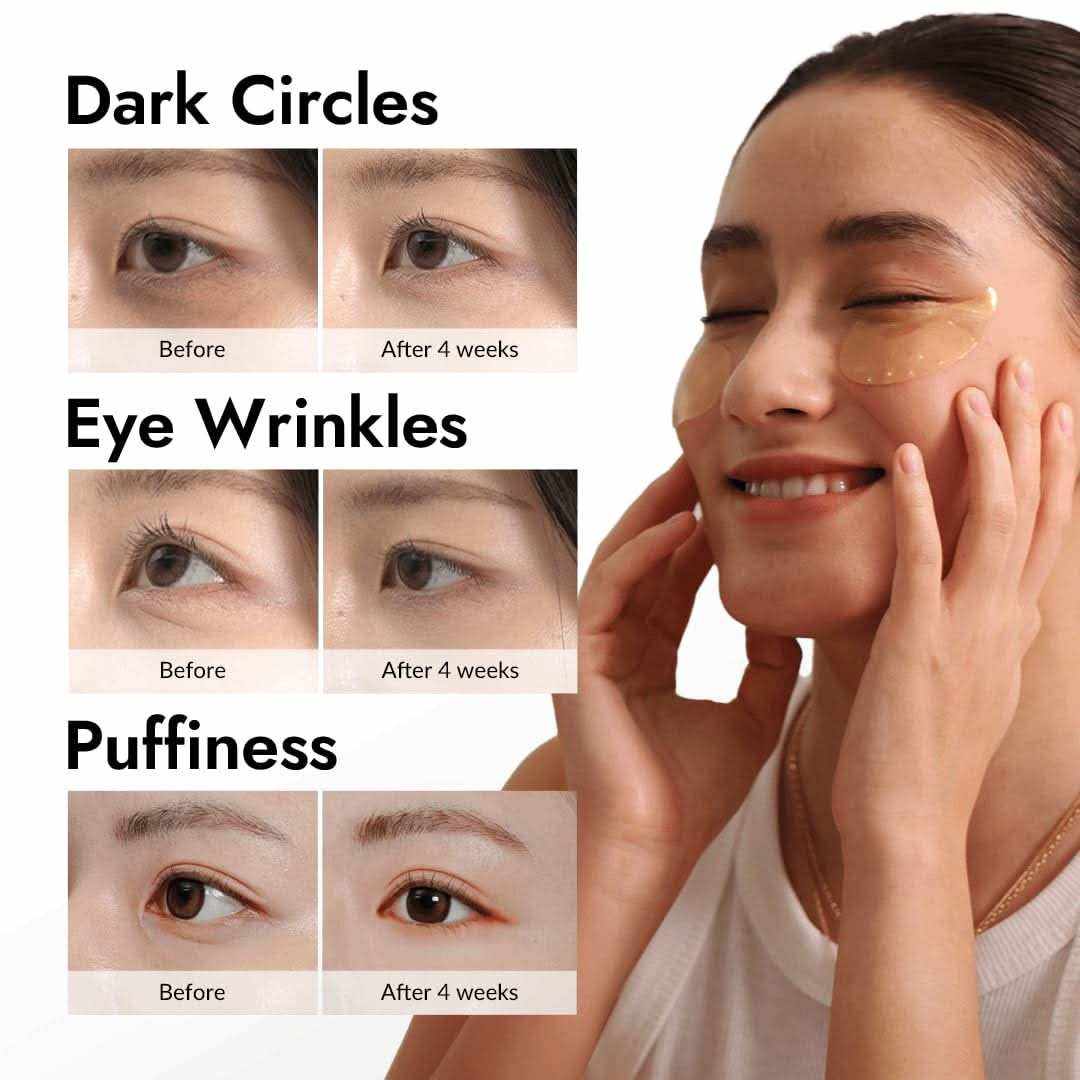 mizon eye patch shown as translucent gold hydrogel under the eye on a smiling woman with improved skin appearance after 4 weeks
