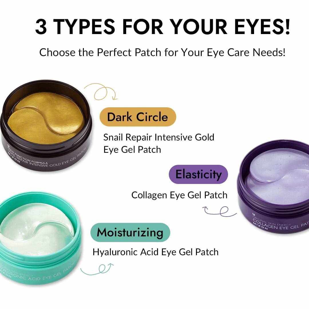 Set of three mizon eye patch varieties: gold hydrogel patches for dark circles, purple for elasticity, and turquoise for moisturizing