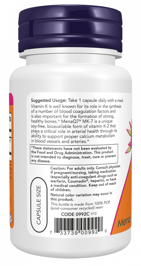 MK-7 Vitamin K-2 100mcg supplement bottle by NOW Foods