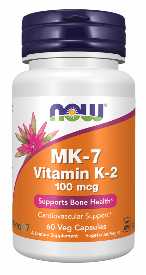 bottle of mk-7 vitamin k-2 100mcg supplement by now foods