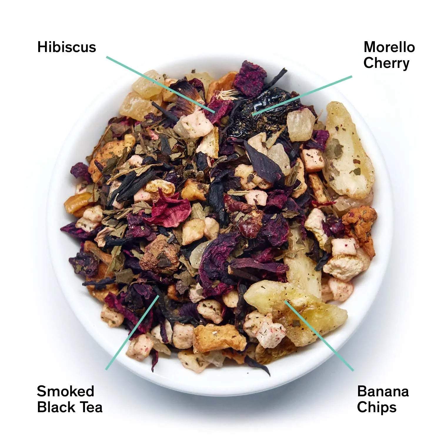 Mojave - Smoky Hibiscus Cherry Tea loose-leaf blend with dark smoked tea, red hibiscus, cherry and banana chips