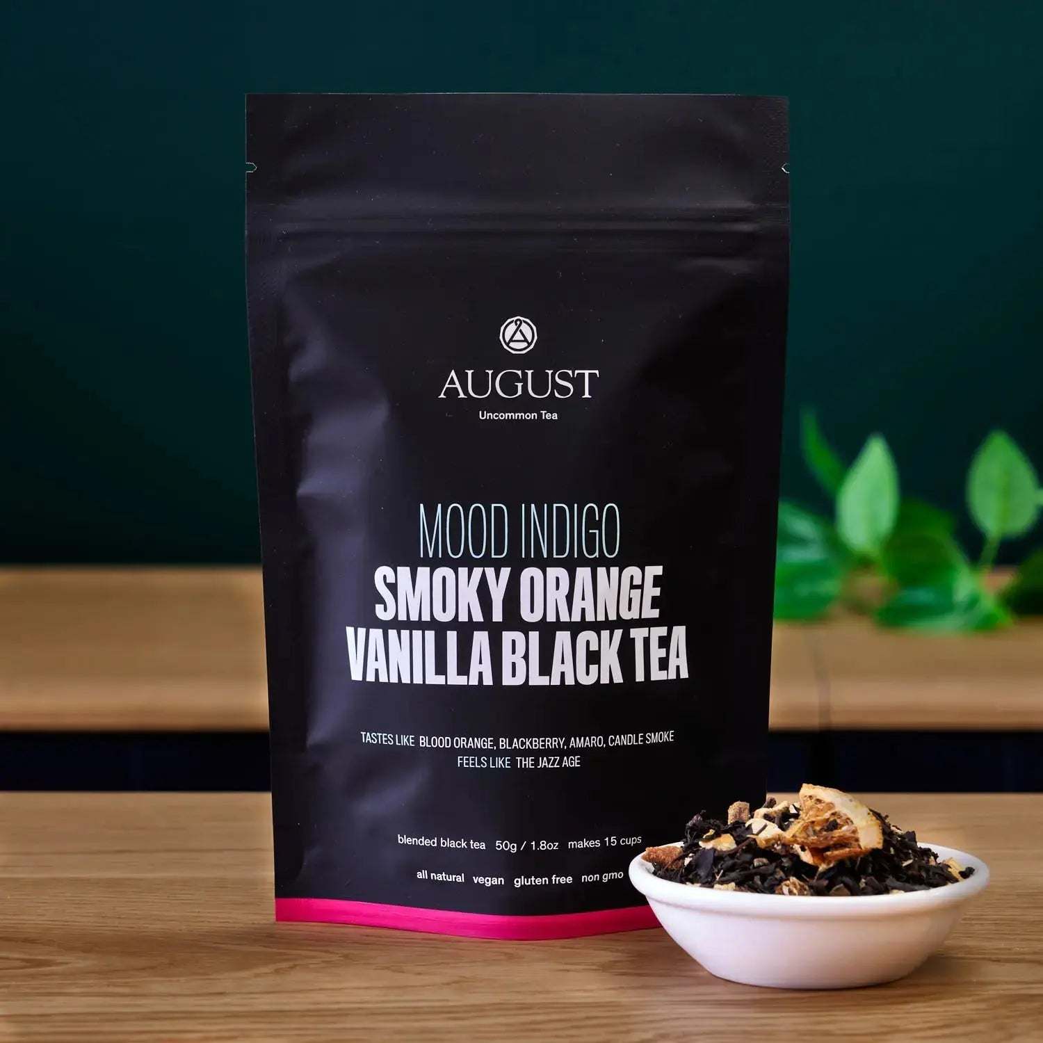 Mood Indigo - BLACK TEA smoky orange vanilla black tea in a black resealable pouch with loose tea leaves