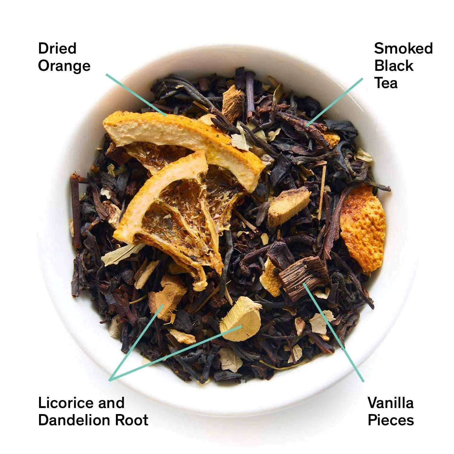 Mood Indigo - BLACK TEA blend with smoked black tea, dried orange peel, vanilla, licorice and dandelion root pieces
