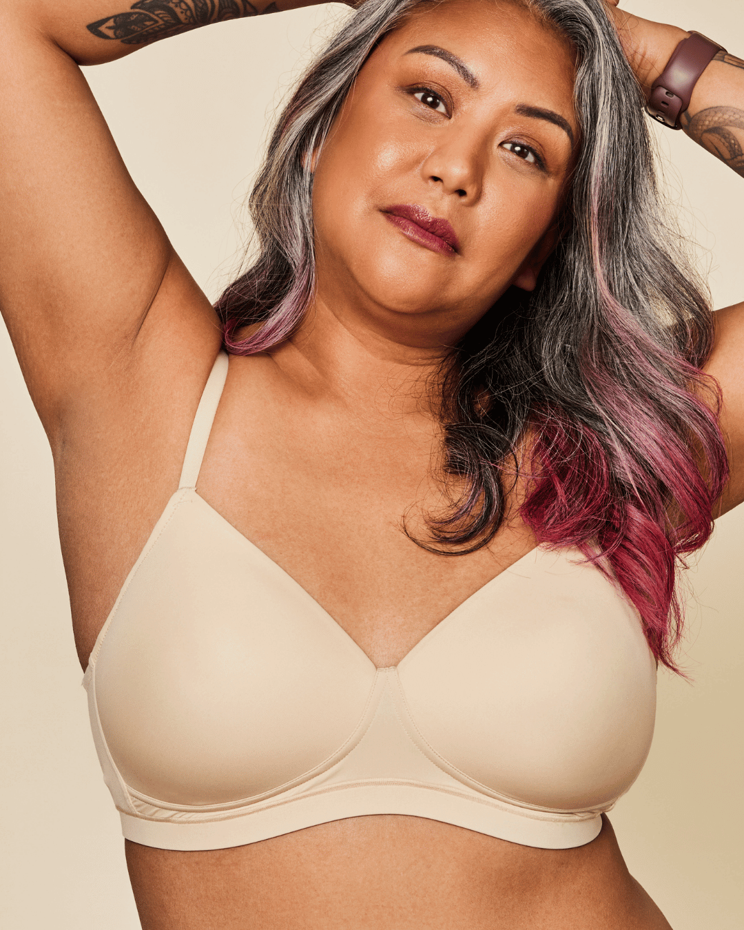 Moonrise Pocketed T‑Shirt Bra in buff beige, with smooth molded cups, slim straps and a wire-free design.