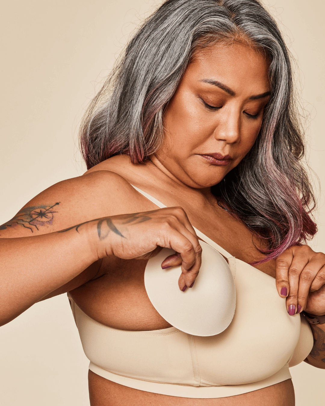 Moonrise Pocketed T‑Shirt Bra in buff, a smooth beige wire-free bra with molded cups and a pocketed cup feature