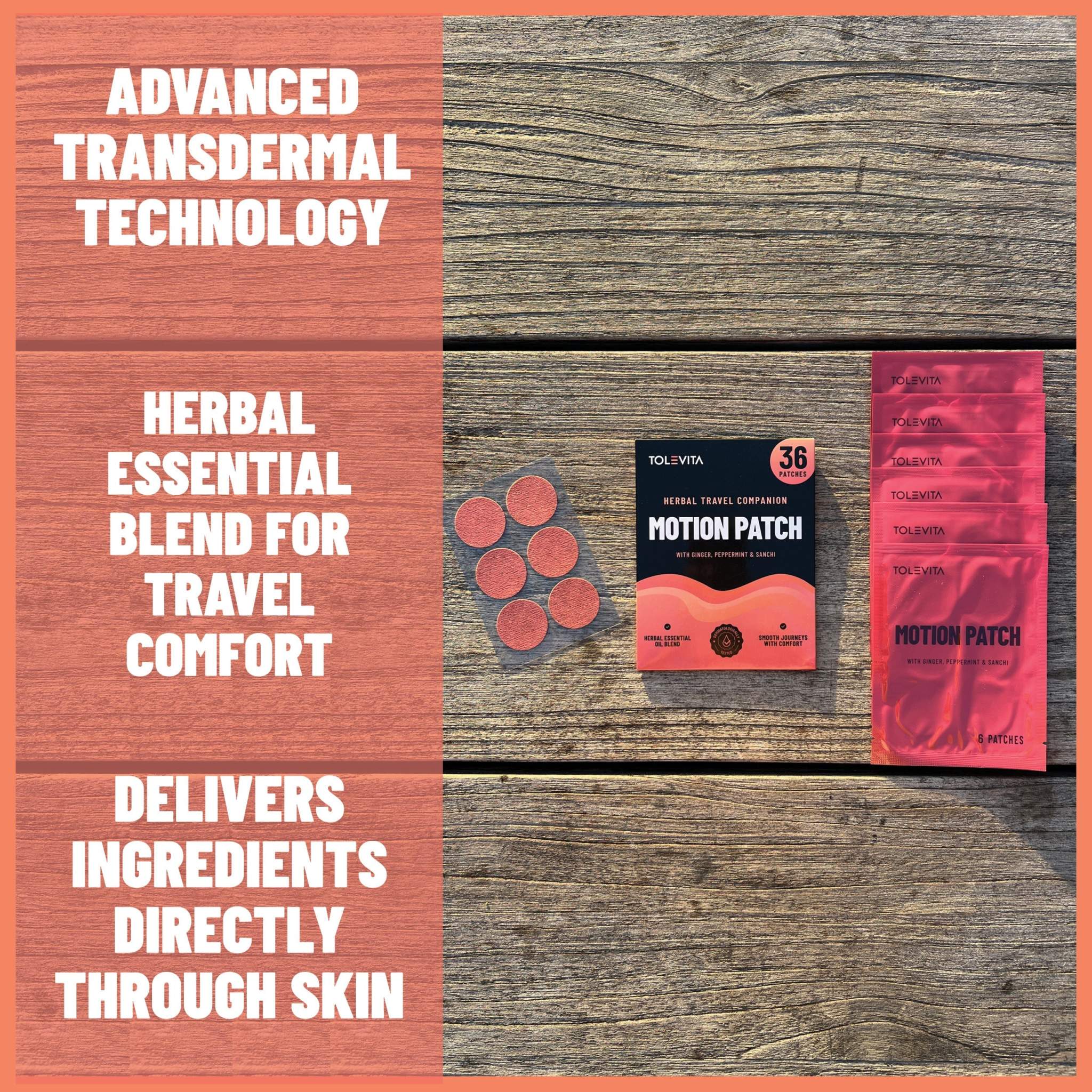 Motion Sickness Patches in red packaging with round herbal patches, featuring advanced transdermal technology for travel comfort.