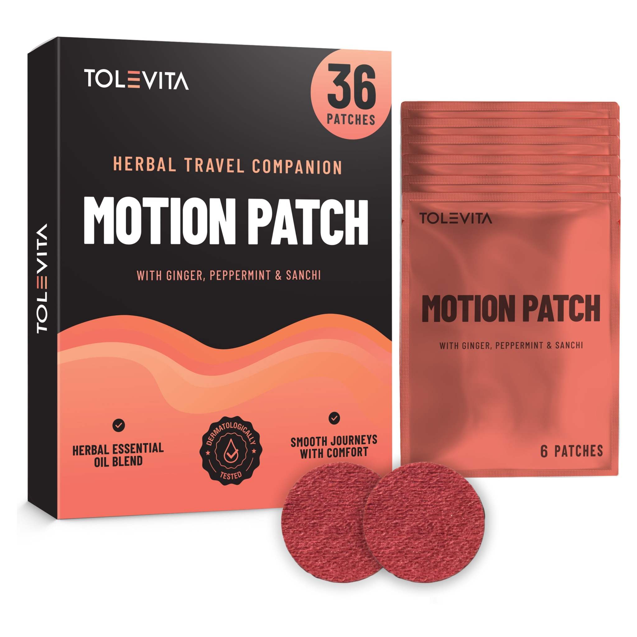 Motion Sickness Patches black and coral herbal travel companion box with six coral-colored patch packets and two round adhesive patches