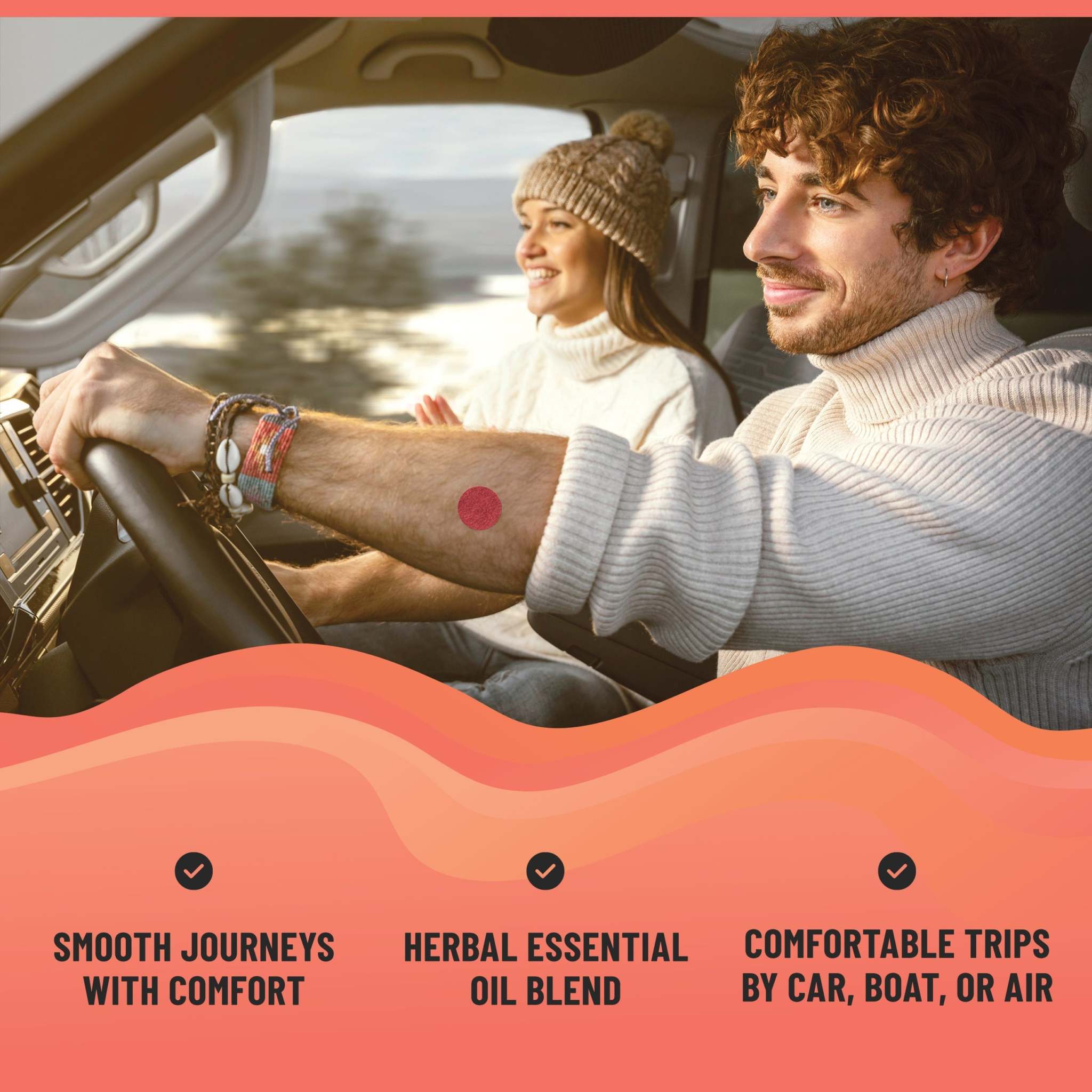 Motion Sickness Patches shown as a small round red patch applied on a man's arm inside a car, highlighting natural travel comfort support