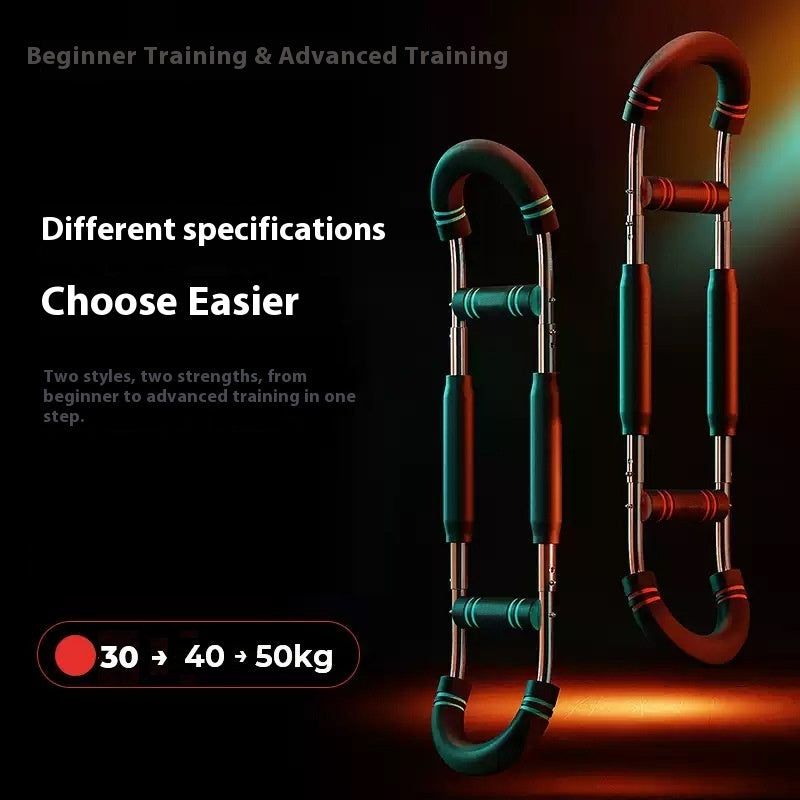 Multi-functional U-shaped Arm Strengthener in black with red and turquoise foam grips, adjustable metal spring bars for variable resistance levels.