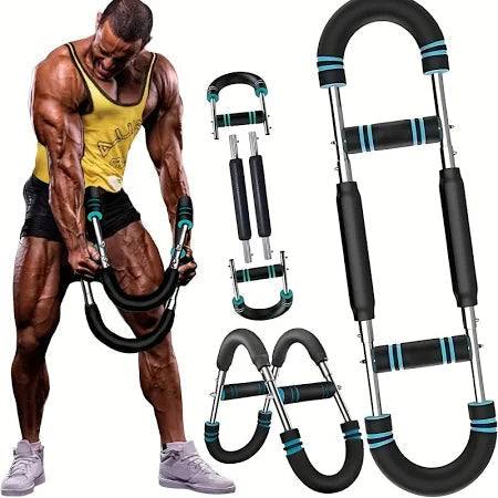 Multi-functional U-shaped Arm Strengthener in black with blue accents, metal frame with foam handles, adjustable and portable design.