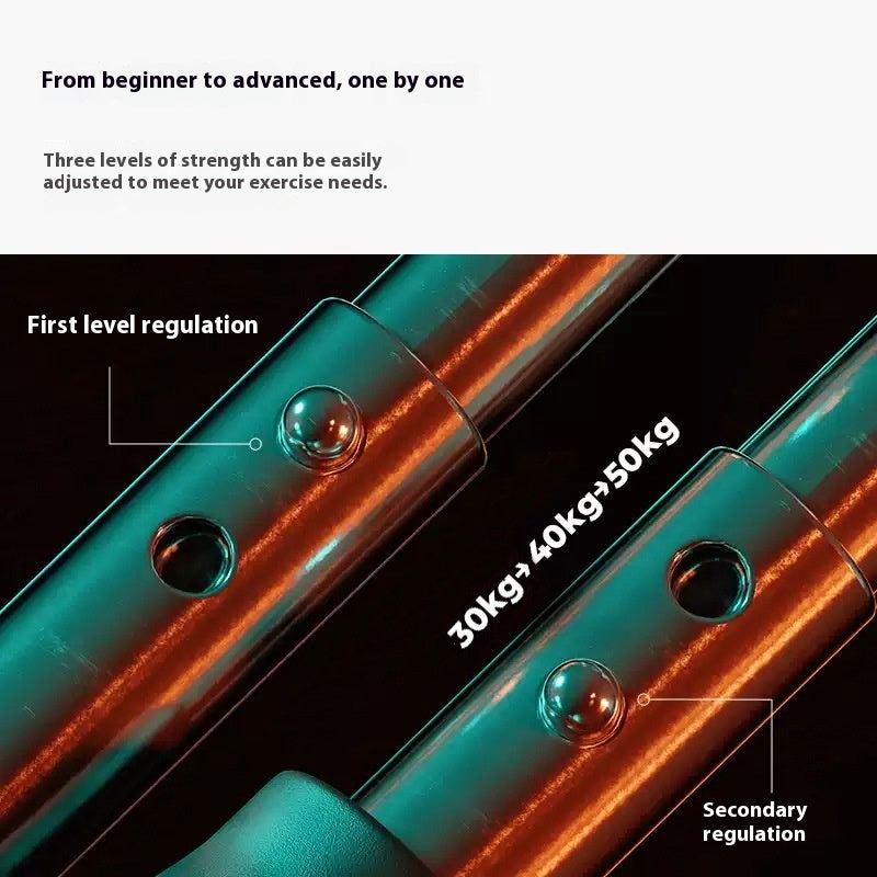 Multi-functional U-shaped Arm Strengthener showcasing metallic blue adjustable steel tubes with locking pin mechanisms for three strength levels