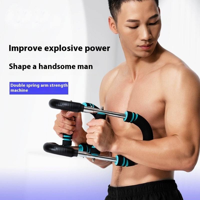 Multi-functional U-shaped Arm Strengthener in black and blue with foam handles and metal springs for adjustable arm and chest workouts.
