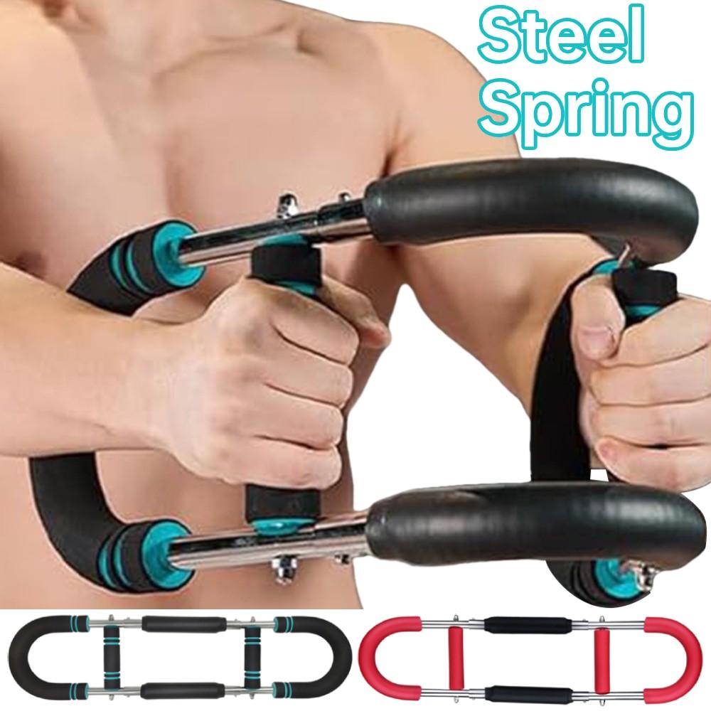 Multi-functional U-shaped Arm Strengthener with black foam handles, blue accents, and steel spring for adjustable arm and chest workouts.