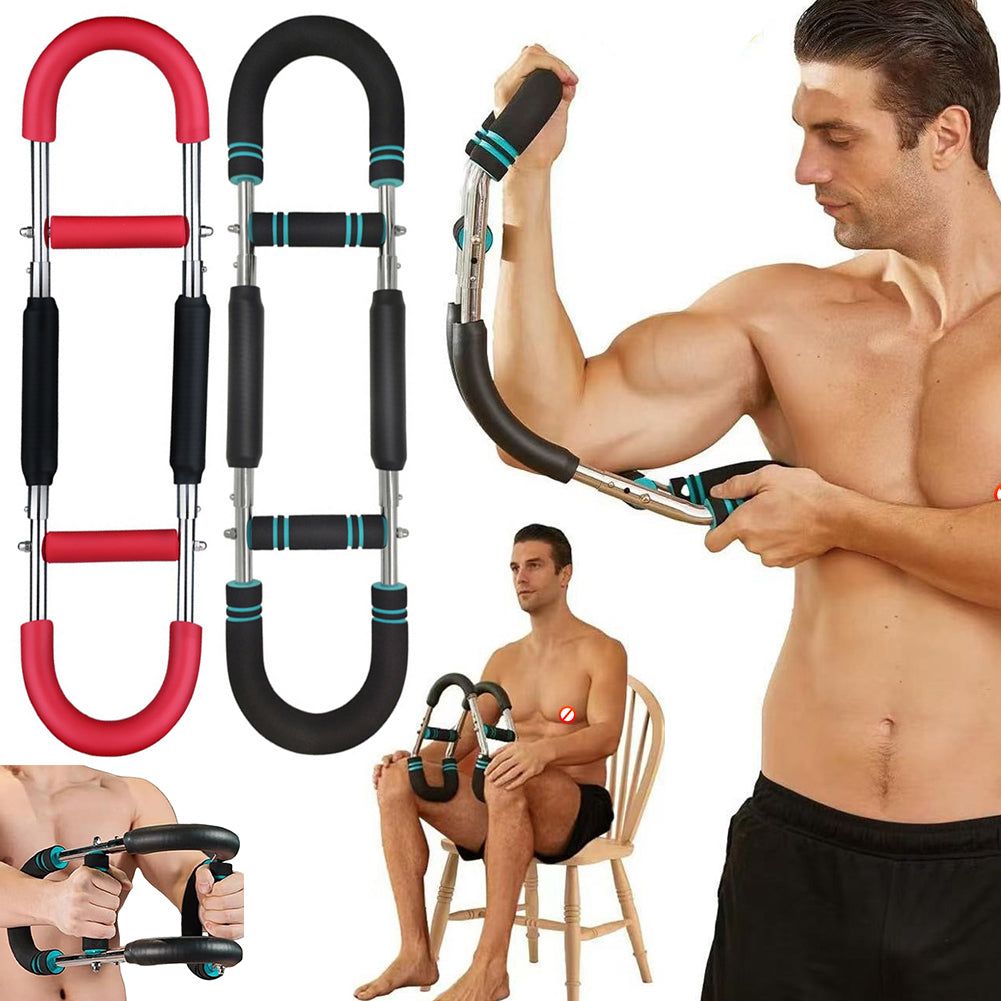 Multi-functional U-shaped Arm Strengthener with red and black padded handles and chrome metal body, shown in use by muscular man exercising forearms