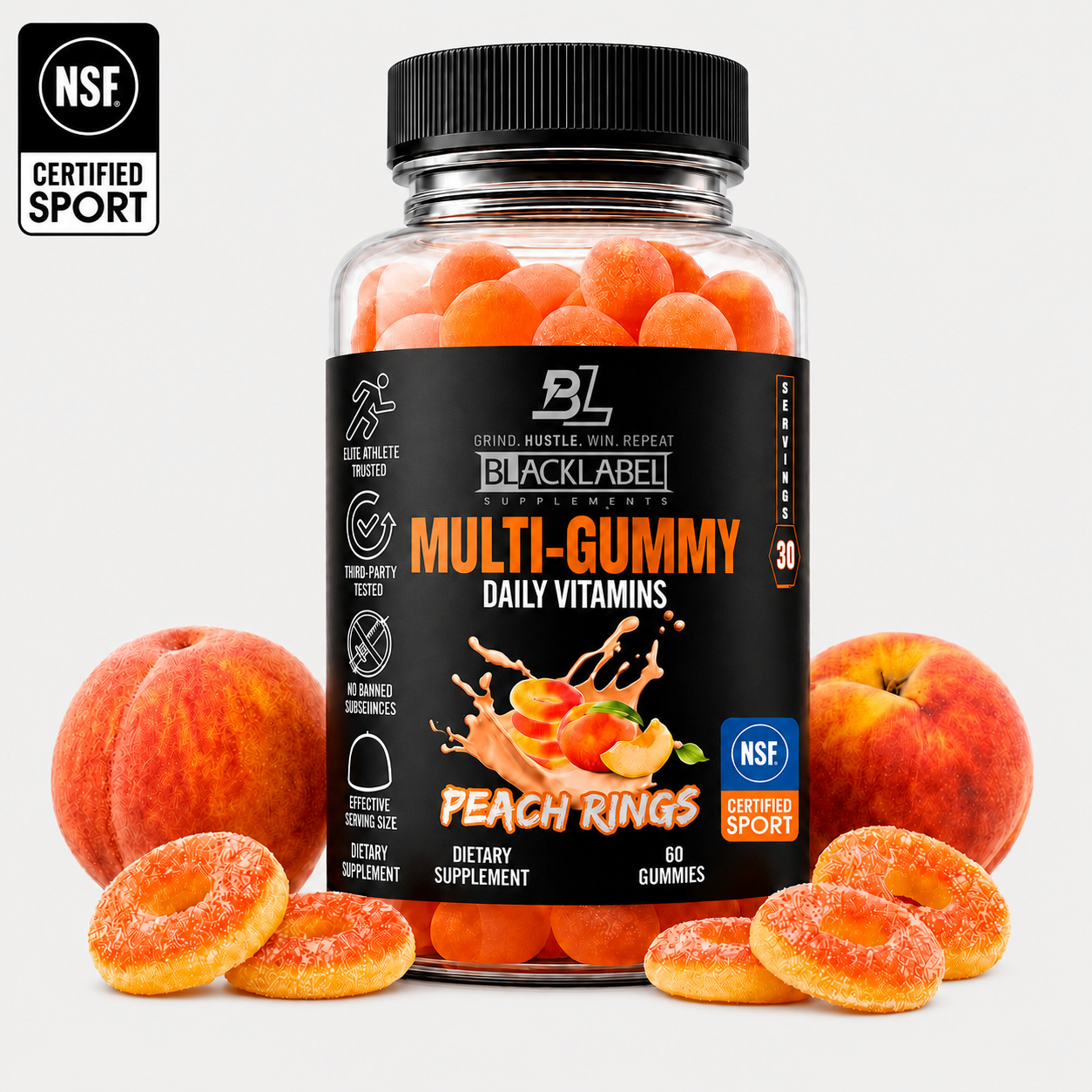 MULTI GUMMY peach ring daily vitamins in a clear bottle with a black label and cap, showing orange gummies