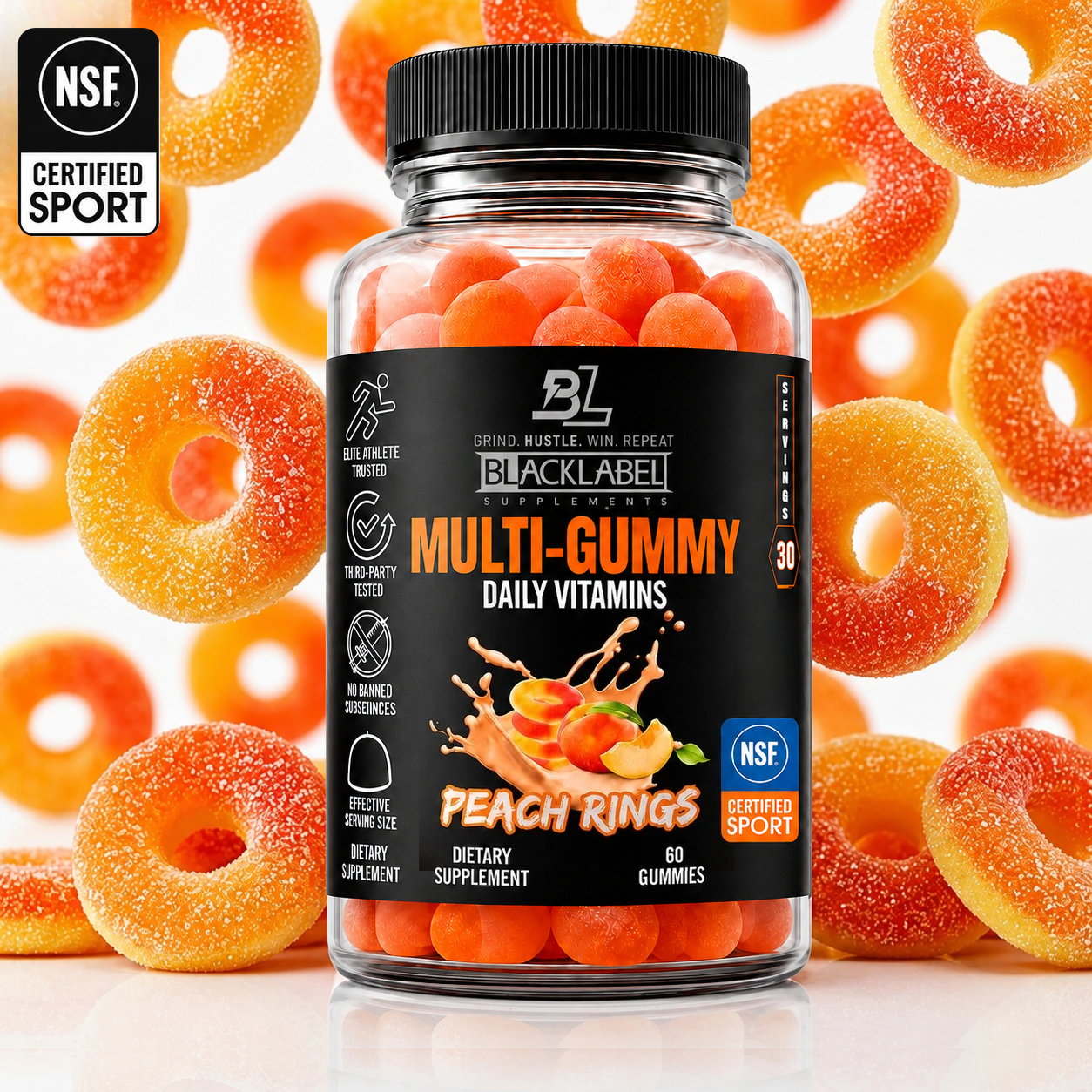 MULTI GUMMY peach rings multivitamin in a clear bottle with a black label and bright orange gummies
