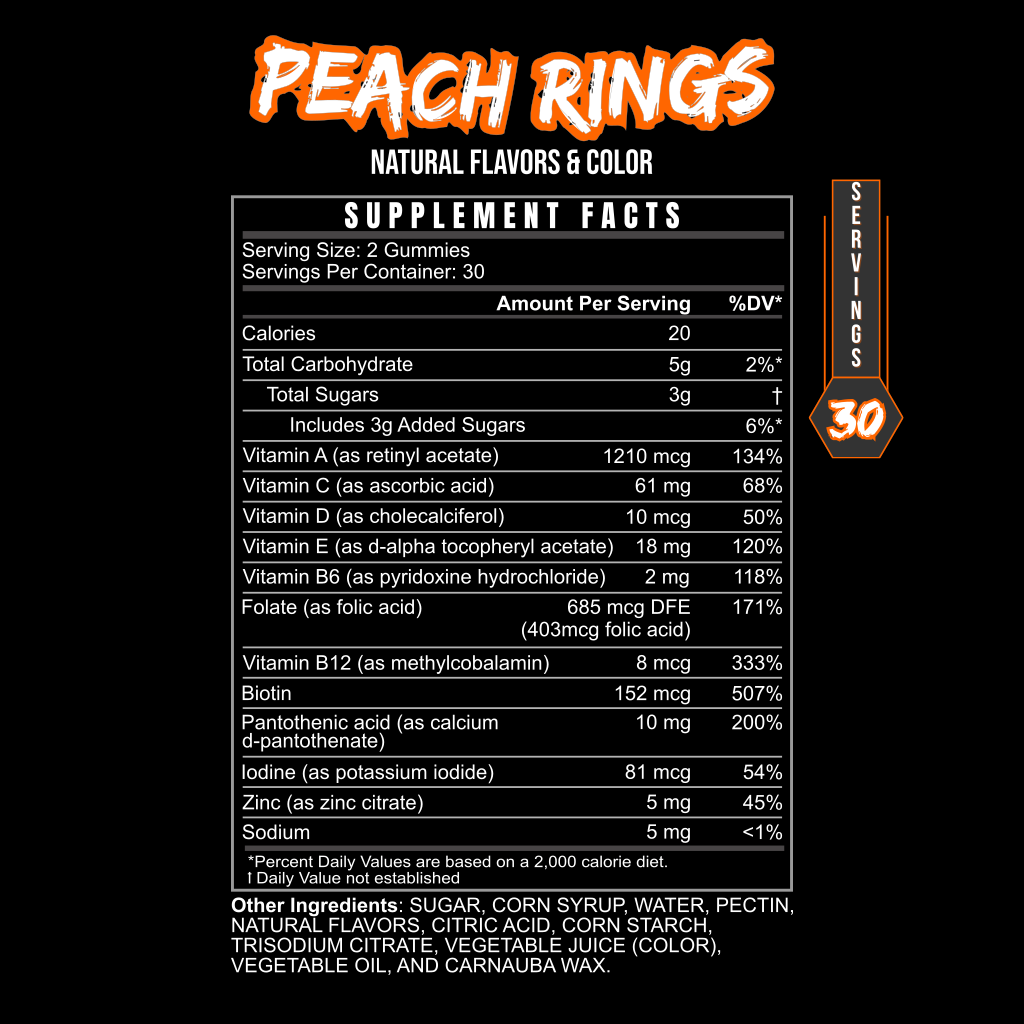 MULTI GUMMY supplement facts label with peach rings flavor, natural flavors and color, and 30 servings