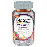 Multivitamin for Women gummies in a clear plastic bottle with a white cap, labelled Centrum Women 50+ with fruit illustrations