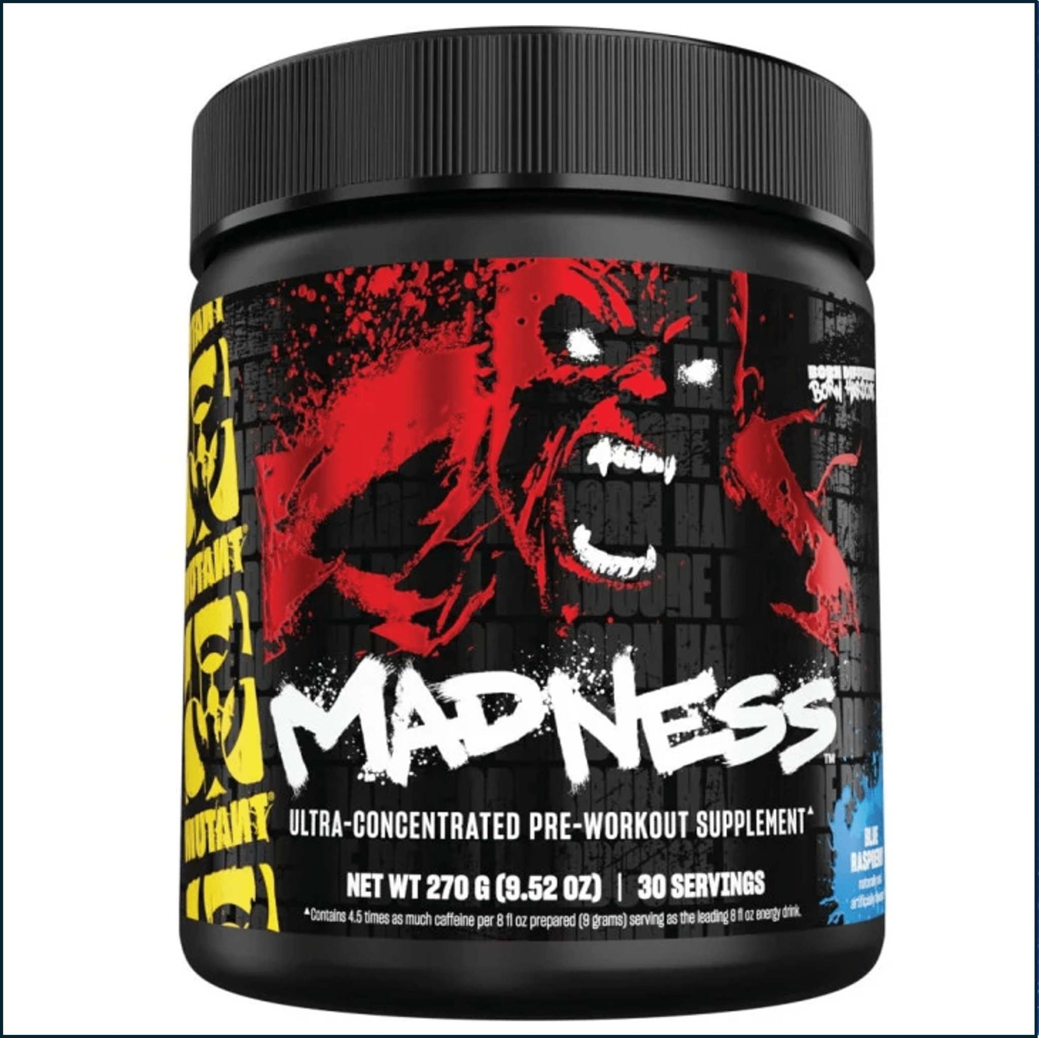 Mutant Madness pre-workout powder in a black tub with vivid red monster artwork, white lettering, and 30 servings