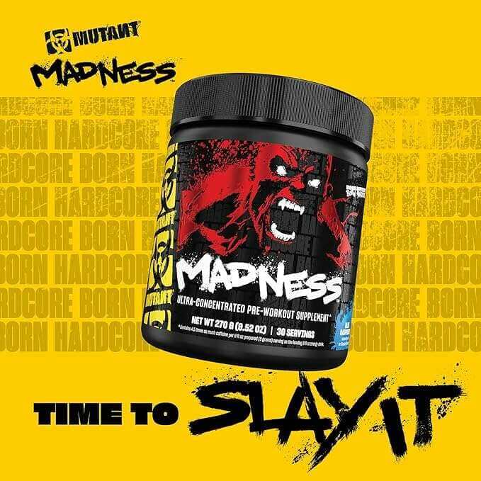 Mutant Madness pre-workout tub with a black lid, red-and-black snarling face artwork, and bold white lettering
