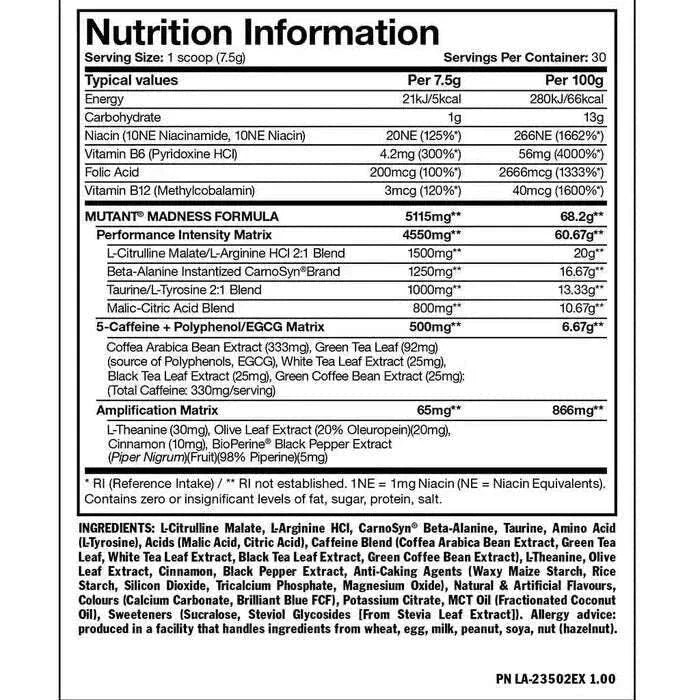 Mutant Madness pre-workout supplement nutrition label in black text, listing a 7.5 g serving size and 30 servings per container
