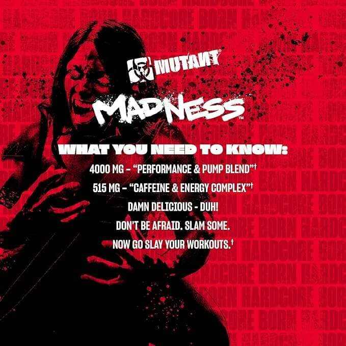 Mutant Madness pre-workout graphic with bold white lettering, red and black design, and a muscular figure