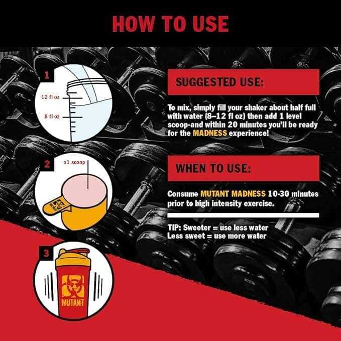 Mutant Madness use instruction graphic with red, black, and white directions, serving scoop diagram, and shaker illustration