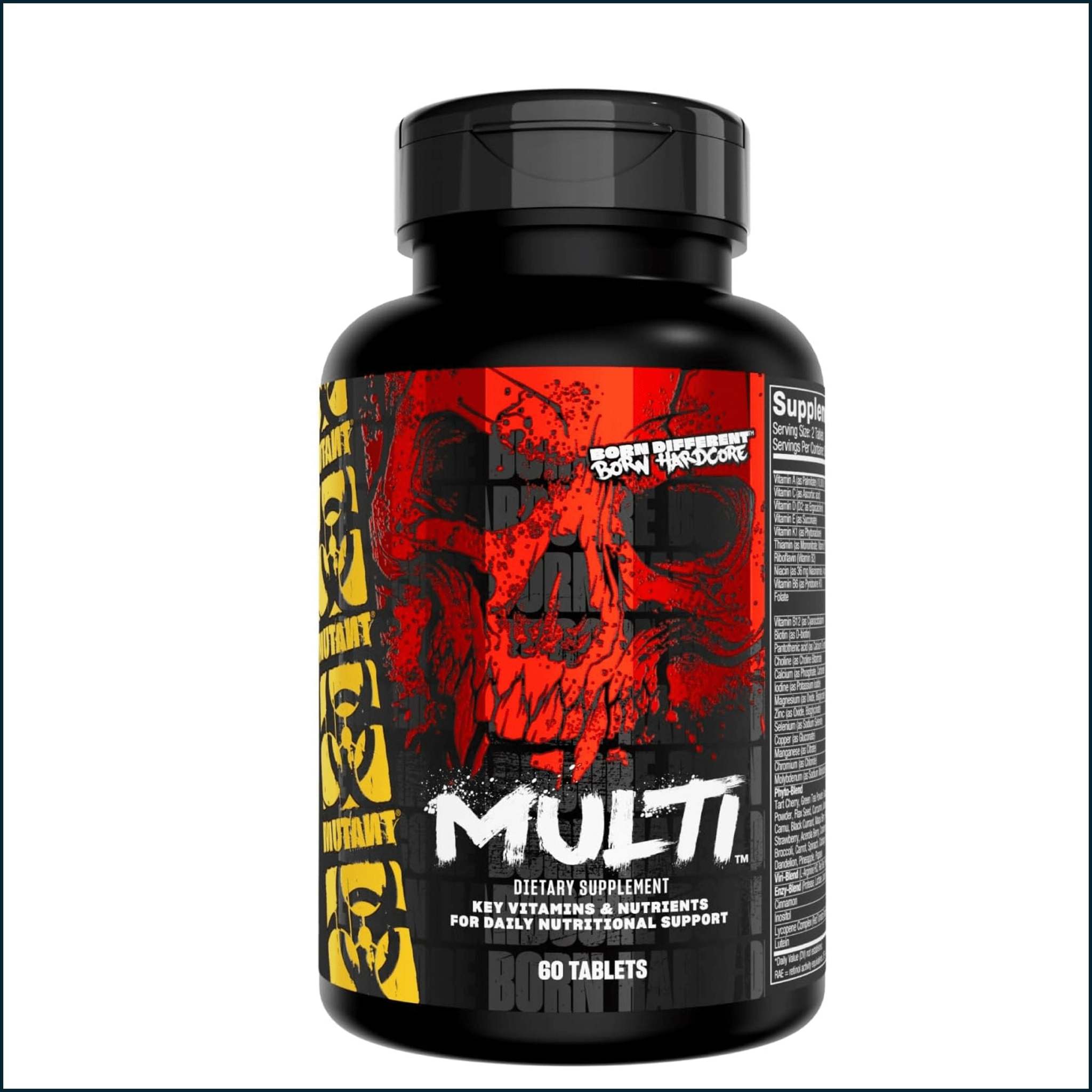 Mutant Multi bottle with a black cap and red skull label, yellow side panel, and 60 tablet marking