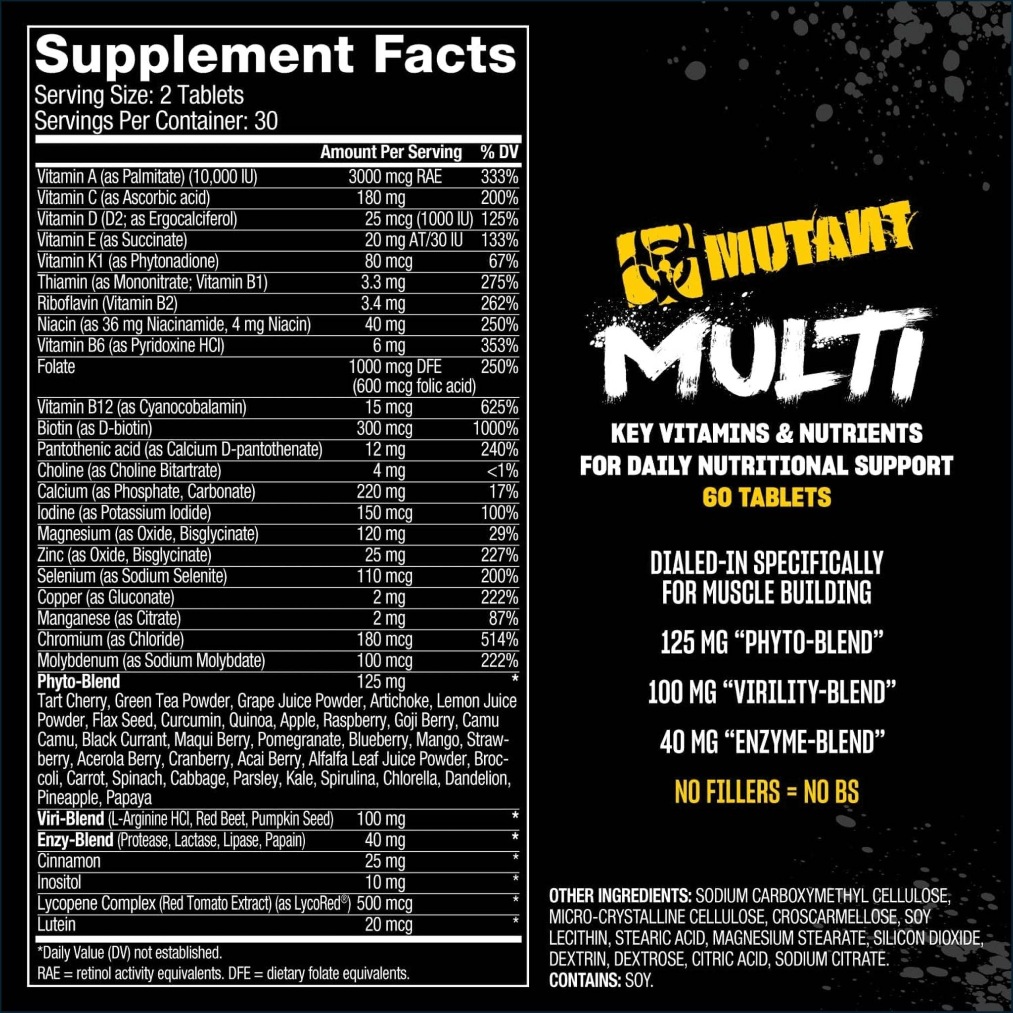 Mutant Multi multivitamin supplement label with black and yellow packaging, white lettering, and 60 caplets