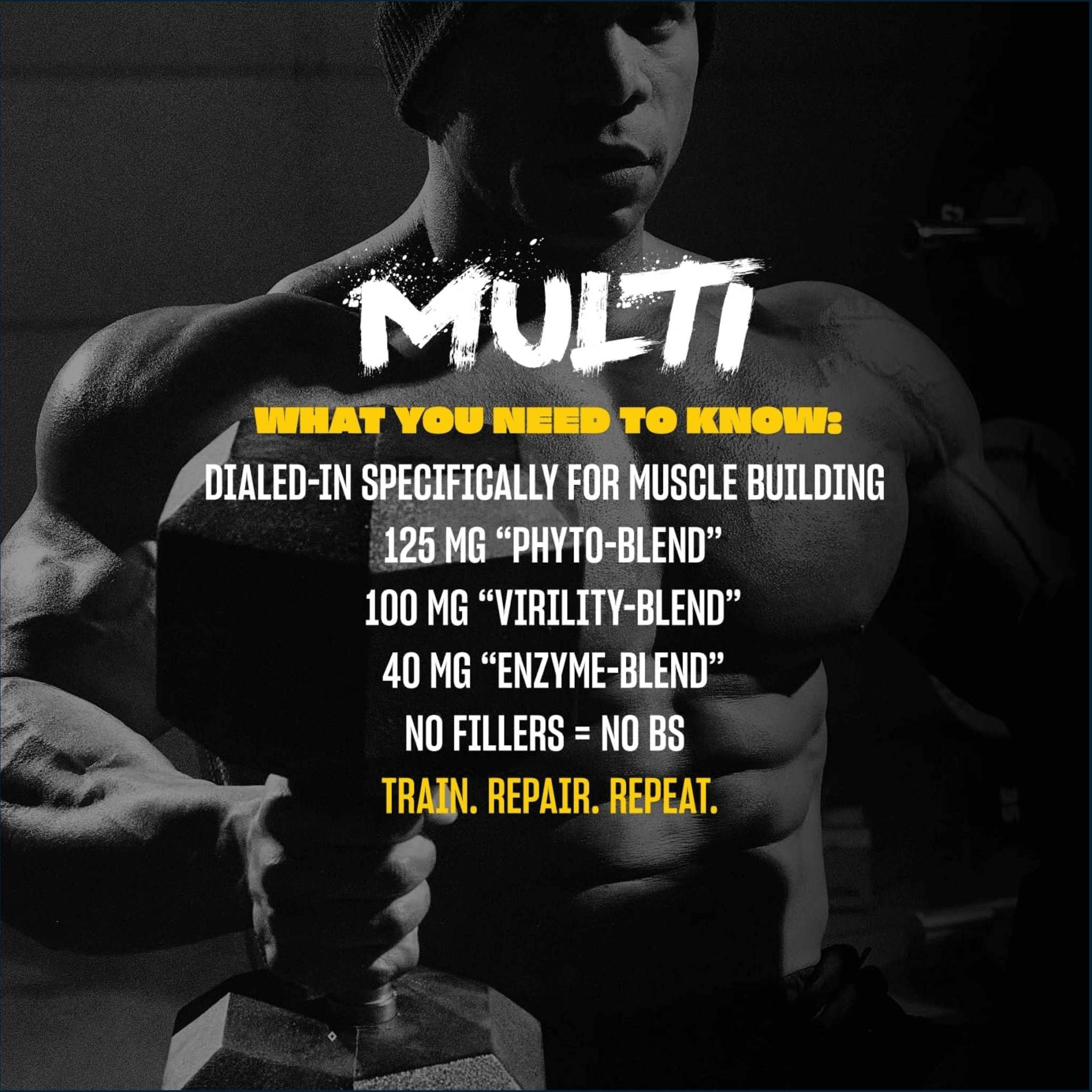 Mutant Multi supplement promotional graphic with a muscular man and bold white and yellow muscle-building formula text