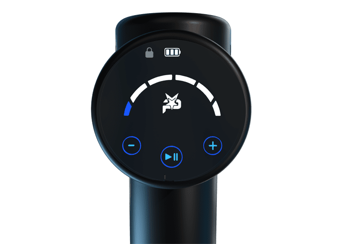 MVP+ Percussion Massage System, black handheld device with circular control panel and blue illuminated buttons