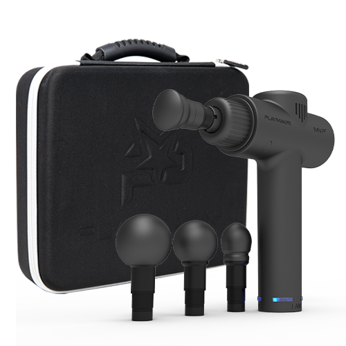 MVP+ Percussion Massage System in black with four interchangeable massage heads and a protective carrying case