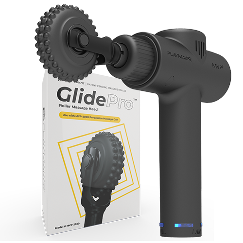 MVP+ Percussion Massage System, black handheld massager with textured GlidePro massage head and display