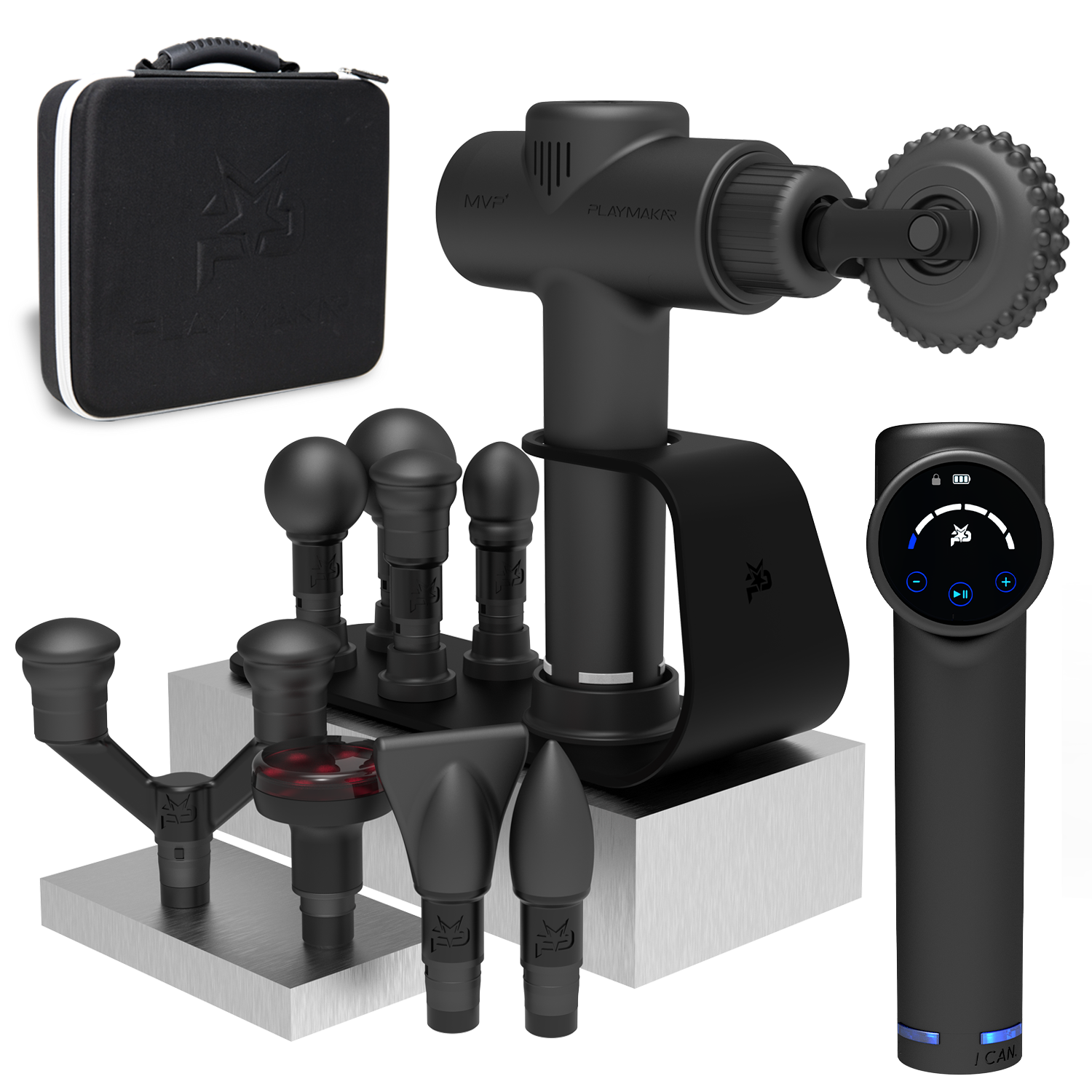 MVP+ Percussion Massage System with black handheld massager, carrying case, touchscreen controller, and multiple attachments
