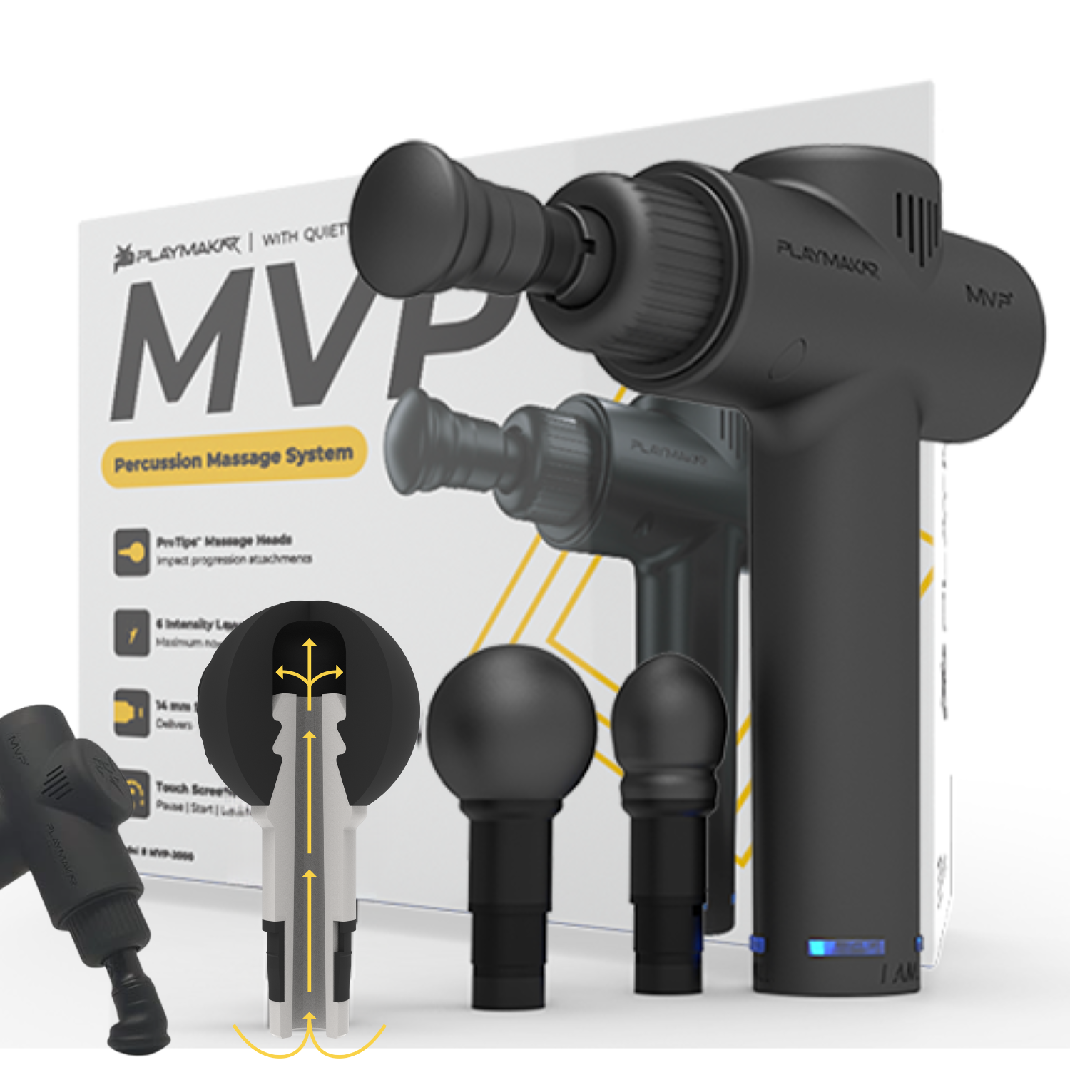 MVP+ Percussion Massage System black percussion massager with multiple interchangeable massage heads