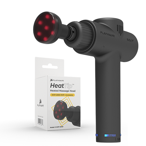 MVP+ Percussion Massage System, matte black handheld massager with red LED heated massage head and retail box