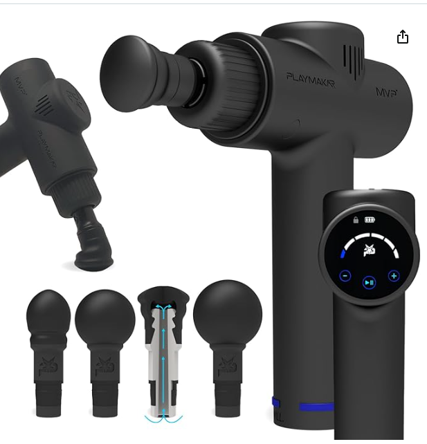 MVP+ Percussion Massage System, black handheld massager with display and interchangeable massage heads
