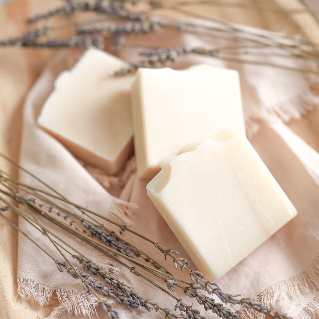 Natural Fragrance Free Handmade Soap trio, creamy ivory bars with smooth handmade edges and subtle texture