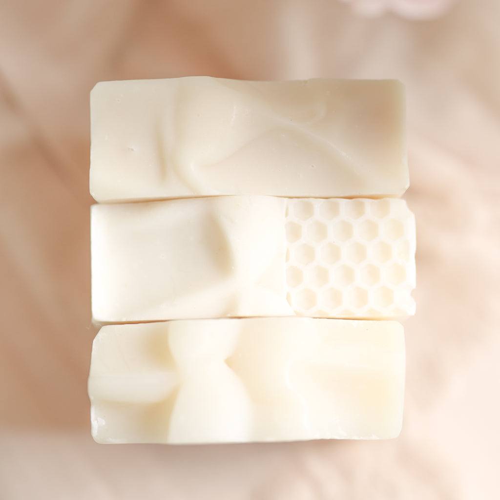 Natural Fragrance Free Handmade Soap trio, creamy ivory bars with smooth surfaces and a honeycomb pattern detail