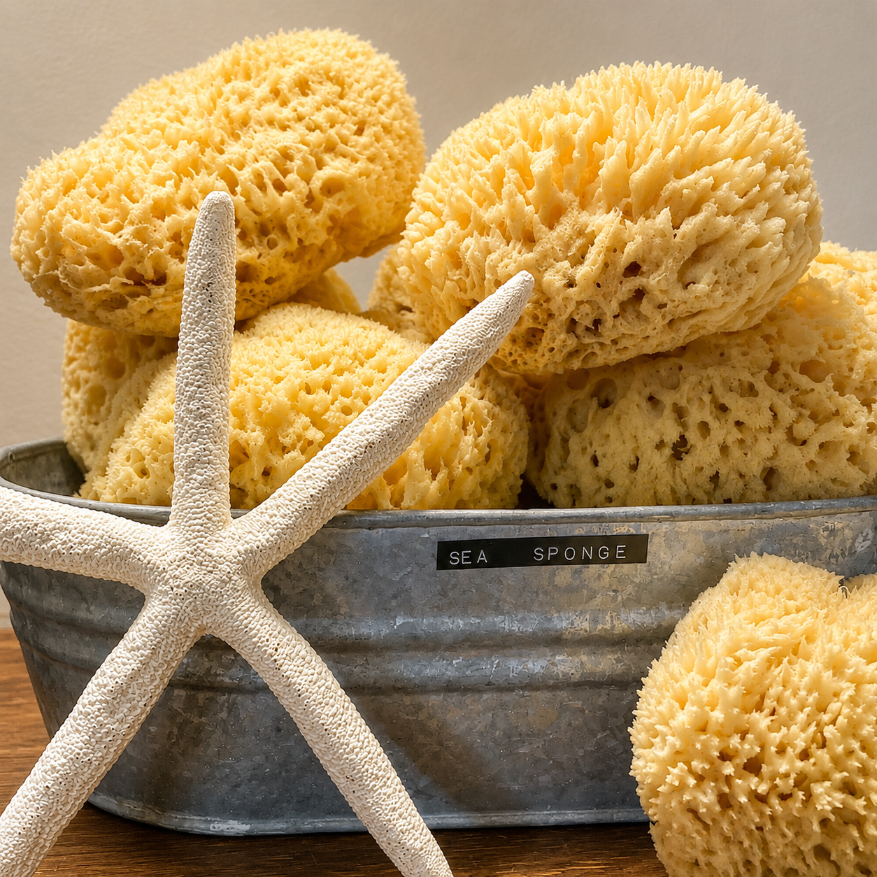 Natural Sea Sponge in golden yellow with irregular porous natural fibers, alongside an off-white starfish in a metal tub
