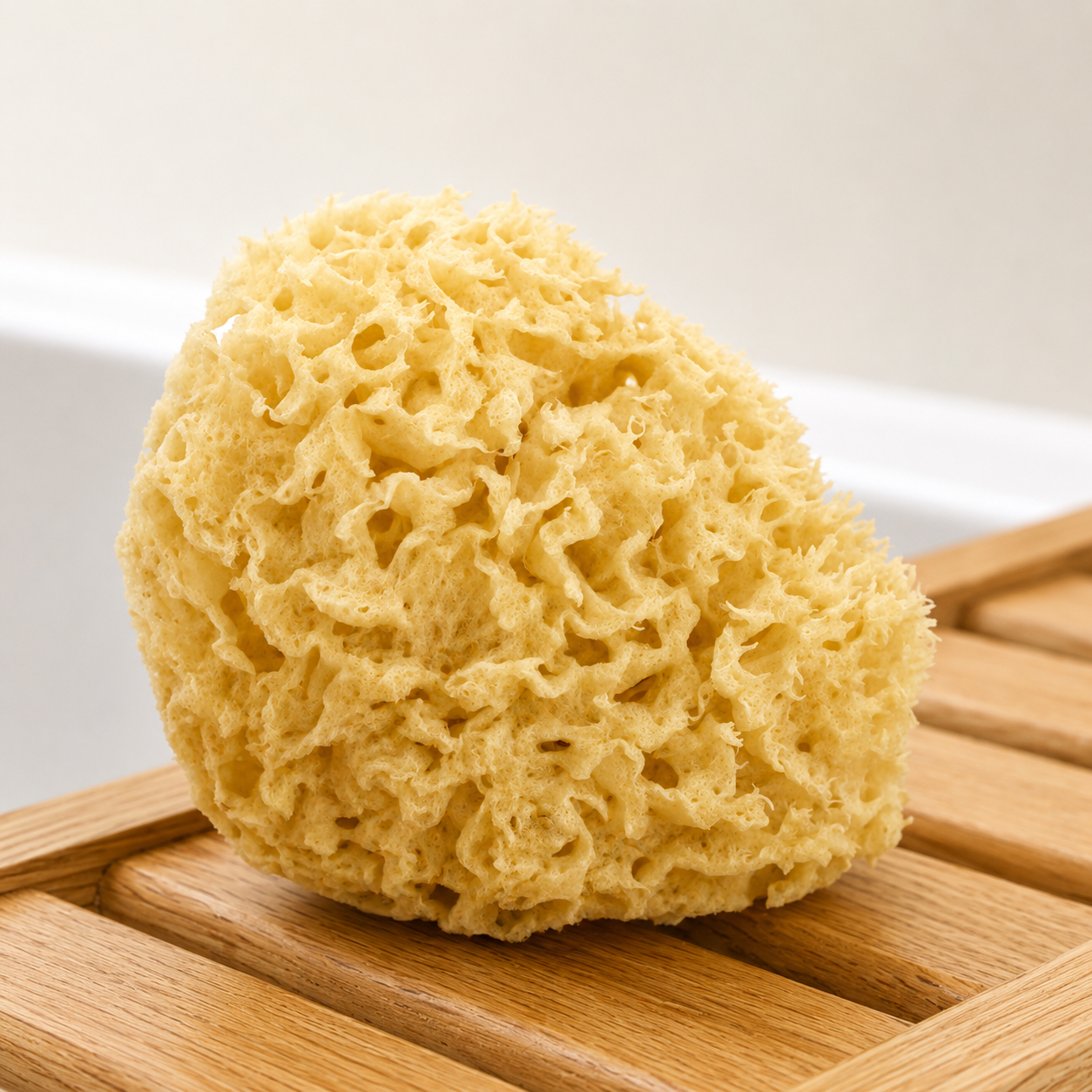 Natural Sea Sponge in a pale golden yellow hue, with a soft, irregular shape and porous natural texture