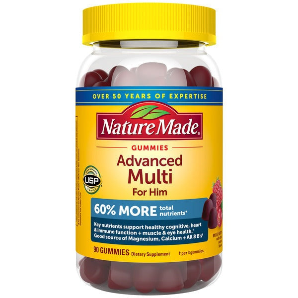 Bottle of Nature Made Advanced Multivitamin Gummies for Him, yellow label with red and blue accents, yellow cap, 90 gummies inside