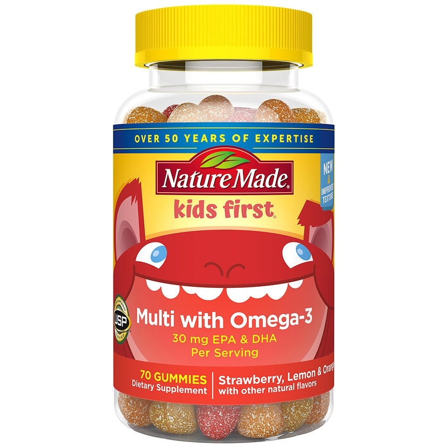 Nature Made Kids First Multivitamin gummies in a clear bottle with a yellow cap and colorful red label, featuring strawberry, lemon and orange flavors.