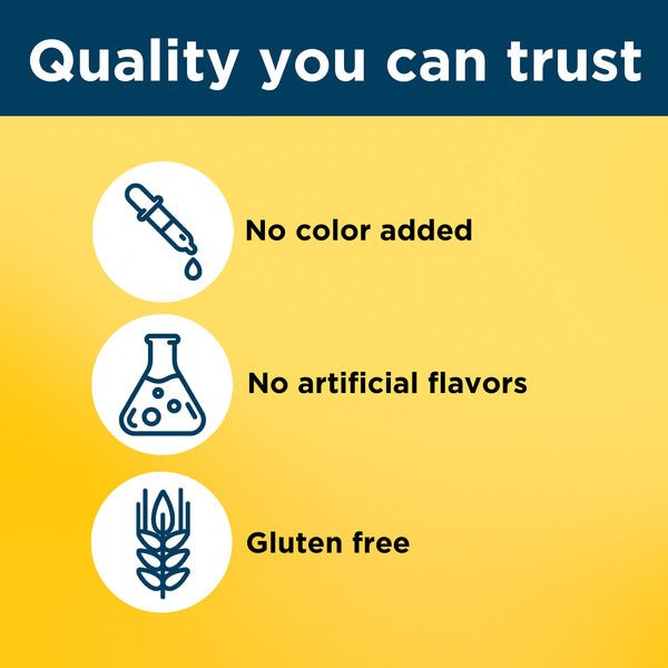 Quality assurance graphic for Nature Made Multivitamin men 50+ highlighting no color added, no artificial flavors, and gluten free attributes.